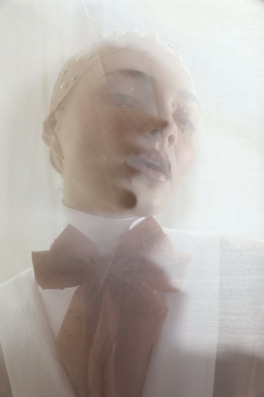 Woman's face seen through a sheer white veil, with a pearl skullcap and rust organza bow